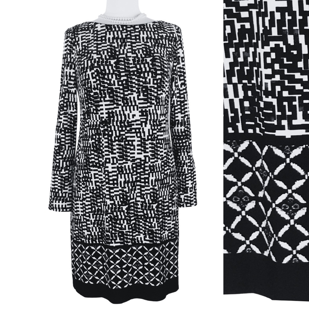 New York and Co Black White Geometric Boatneck Long Sleeve Knit Shift Dress sz 8